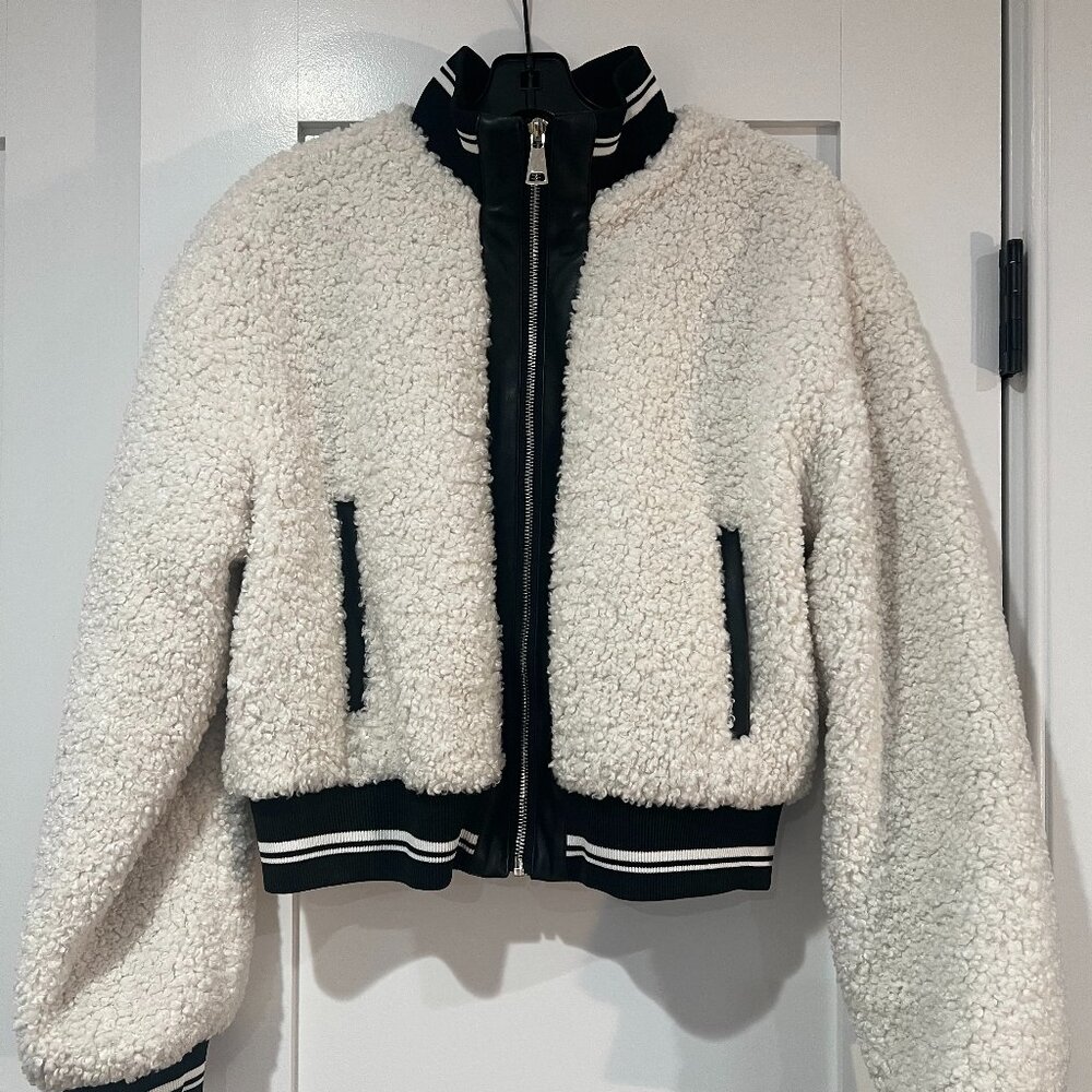 Avec Les Filles Faux Shearling Bomber Jacket, White and Black